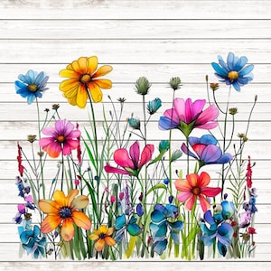 May include: A watercolor painting of a bouquet of colorful flowers on a white wood background. The flowers include yellow, pink, blue, and purple blooms.