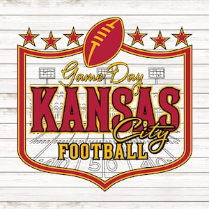 May include: A red and gold graphic design with a football and the text "Game Day Kansas City Football" on a white wood background.