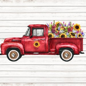 May include: A red vintage pickup truck with a wooden bed filled with a variety of sunflowers and other flowers. The truck has the words "Sunflower Farms" painted on the side.