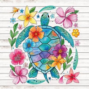 May include: A watercolor painting of a colorful sea turtle surrounded by flowers. The turtle is blue, green, and purple, and the flowers are pink, yellow, orange, and blue. The background is a white wooden plank.