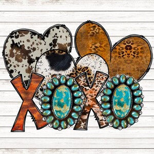 May include: A graphic design featuring the word "XOXO" in a rustic font with a brown woodgrain texture. The letters are surrounded by three hearts with animal print patterns, including cowhide, leopard, and cheetah. Two turquoise and silver turquoise-colored gemstones are on either side of the word "XOXO".