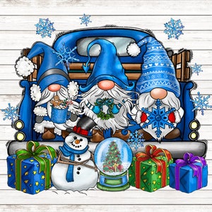May include: Three blue gnomes riding in a blue pickup truck with a snowman and a snow globe. The gnomes are wearing blue hats and have white beards. The truck has a white wooden bed and a white wooden cab. The snowman is wearing a blue scarf and a black top hat. The snow globe has a small Christmas tree inside.