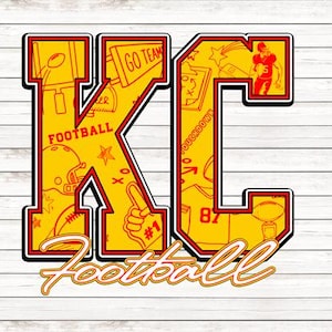 May include: A yellow and red graphic with the letters "KC" in a large, bold font. The letters are filled with images related to football, such as footballs, helmets, and jerseys. The text "Football" is written in a smaller font below the letters.