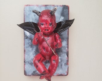 Krampus-art doll-devil-fabric doll-handpainted doll-chains-OOAK-black-curiosities-strange doll-decoration-horns