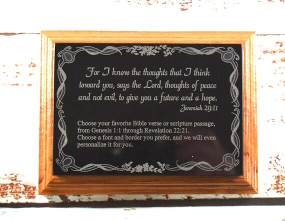 Customize Bible Scripture-s on engraved Black Marble With Oak Backing Frame