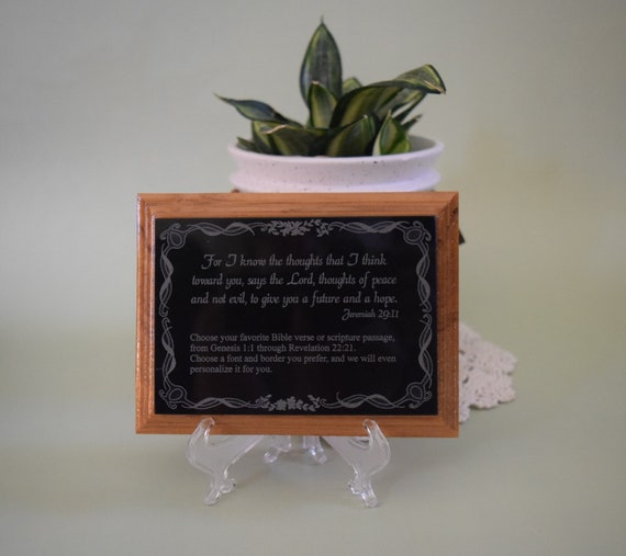 Customize Bible Scripture-s on engraved Black Marble With Oak Backing Frame