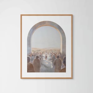 Puede incluir: Una pintura enmarcada representa una escena religiosa con figuras entrando en un arco. La obra de arte presenta tonos apagados de beige, marrón y blanco, con un enfoque en las figuras centrales y el arco arquitectónico. La escena evoca una sensación de reverencia y contexto histórico.