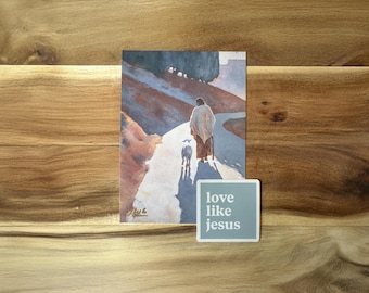 Jesus with Sheep Art Print and 'Love Like Jesus' Sticker - Christian Gift