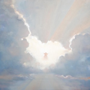 May include: A painting depicting a bright sky with fluffy, white and grey clouds. Light radiates from a central opening, suggesting a heavenly scene. The artwork evokes a sense of peace and serenity, with soft pastel colours.