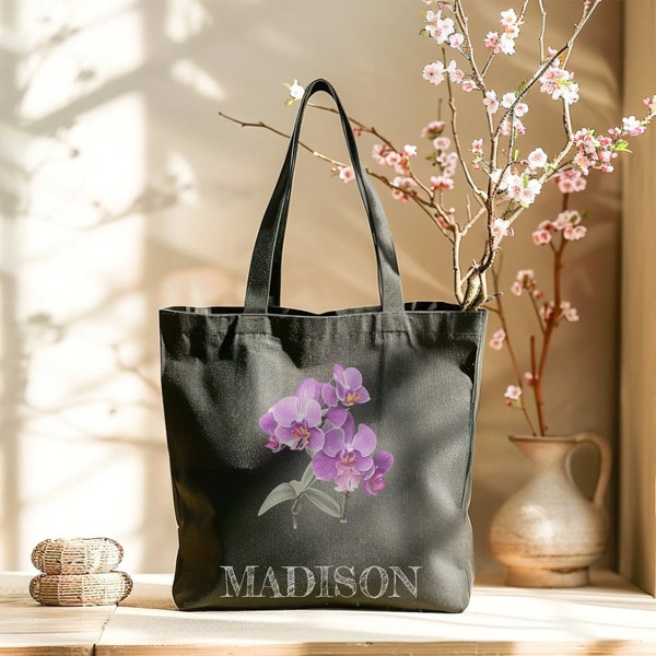 Orchid floral Personalized Canvas Tote Bag, Flower Tote Bag, Birthday gift for her, for mom, mom's day gift, stem flowers