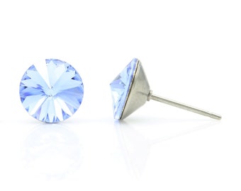 8mm Blue Crystal Earrings Studs | Swarovski Crystal Earrings | Blue Round Earrings | Dainty Studs | Hypoallergenic Studs | Everyday Earrings