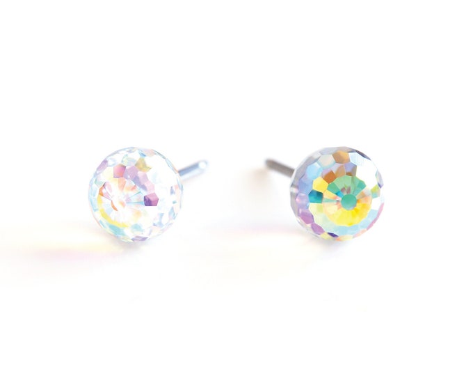 Disco Ball Stud Earrings | Iridescent Stud Earrings | 6mm Swarovski Crystal Earrings | Disco Jewelry | Sparkle Ball Earrings | Crystal Studs
