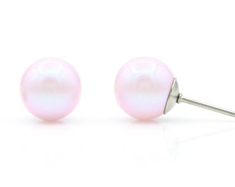 Iridescent Swarovski Pearl Earrings | 8mm Pearl Studs | Dainty Pink Earrings | Minimalist Studs | Hypoallergenic Studs | Everyday Earrings