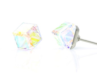 6mm Iridescent Crystal Stud Earrings | Swarovski Crystal Studs | Minimalist Iridescent Earrings | Hypoallergenic Studs | Cubic Earring Studs