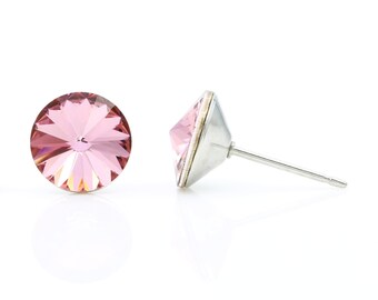8mm Pink Crystal Earrings Studs | Swarovski Crystal Earrings | Dainty Pink Earrings | Round Studs | Hypoallergenic Studs | Everyday Earrings