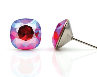 10mm Iridescent Swarovski Studs | Cushion Cut Earrings | Iridescent Red Crystal Earrings | Hypoallergenic Studs | Swarovski Crystal Earrings