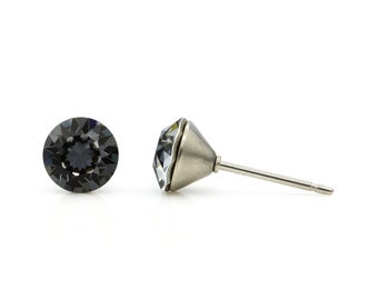 6mm Black Swarovski Studs | Small Black Crystal Studs | Round Crystal Earrings | Dainty Studs | Hypoallergenic Studs | Everyday Earrings