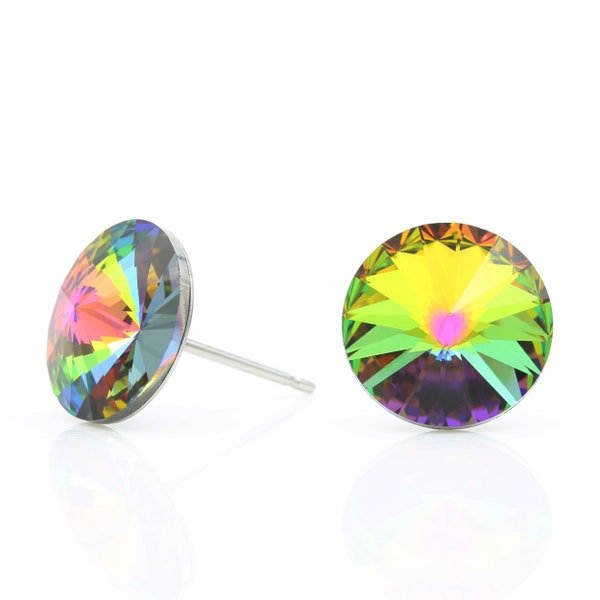10mm Iridescent Swarovski Earrings | Round Crystal Earrings | Minimalist Studs | Dainty Stud Earrings | Sparkly Studs | Hypoallergenic Studs