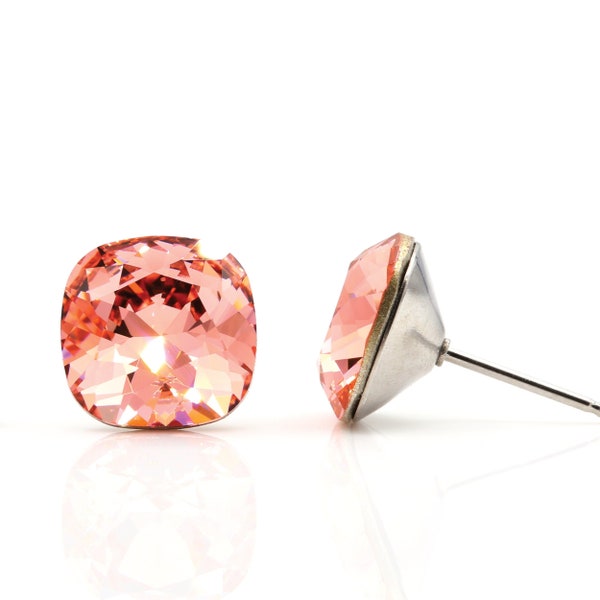 10mm Peach Swarovski Earrings | Cushion Cut Studs | Peach Crystal Earrings | Square Crystal | Hypoallergenic Studs | Everyday Crystal Studs