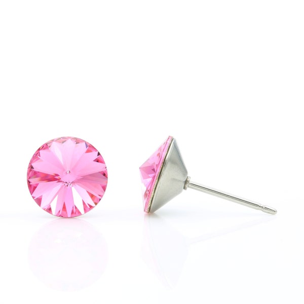 8mm Pink Swarovski Studs | Pink Crystal Earrings | October Birthstone Earrings | Small Pink Studs | Hypoallergenic Studs | Everyday Earrings