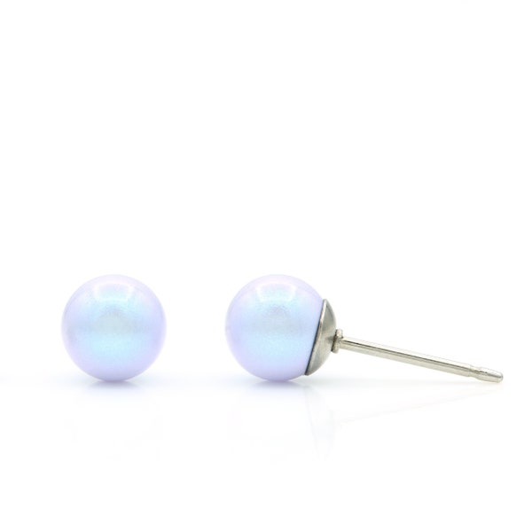 Iridescent Pearl Studs | 6mm Pearl Earrings | Small Blue Pearl | Swarovski Pearl Earrings | Hypoallergenic Pearl Studs | Everyday Pearl Stud