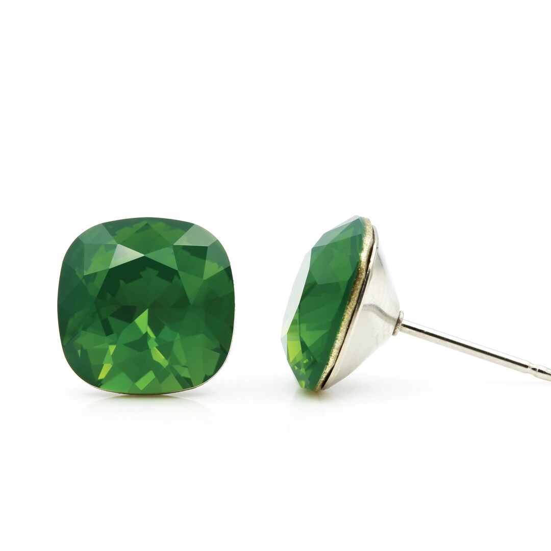 10mm Green Swarovski Studs Cushion Cut Earrings Green Etsy UK
