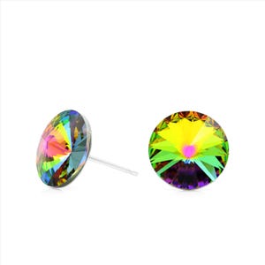 May include: A pair of silver stud earrings with iridescent rainbow crystal stones.