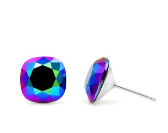 Pendientes de botón Scarabaeus Rainbow Swarovski / Pendientes de botón de 10 mm / Pendientes de cristal iridiscente / Hipoalergénicos / Swarovski genuino / Pendientes de acero inoxidable