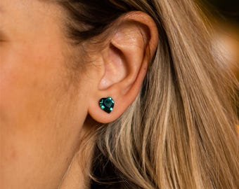 8mm Emerald Swarovski Crystal Heart Earrings | Mini Heart Studs | May Birthstone Earrings | Hypoallergenic Earrings | Green Heart Earrings