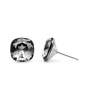 10 mm schwarze Kristallohrringe - Silberne Nacht im Kissenschliff Swarovski Ohrstecker, hypoallergenes Geschenk für sie, funkelnde Ohrstecker