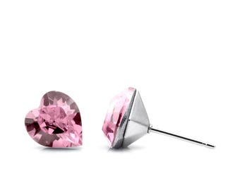 8mm Pink Swarovski Crystal Heart Earrings | Mini Heart Studs | Pink Heart Earrings | October Birthstone Earrings | Hypoallergenic Earrings