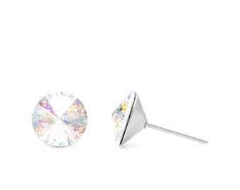 Pendientes de botón de cristal Swarovski iridiscente de 8 mm, hipoalergénicos con arcoíris, brillantes y hechos a mano, joyería con un toque de color llamativo.