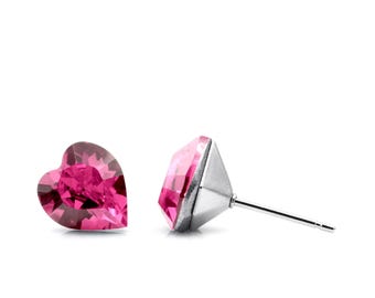8mm Pink Heart Crystal Earrings | Mini Heart Studs | Pink Heart Earrings | Swarovski Crystals | Hypoallergenic Earrings | High Quality Studs