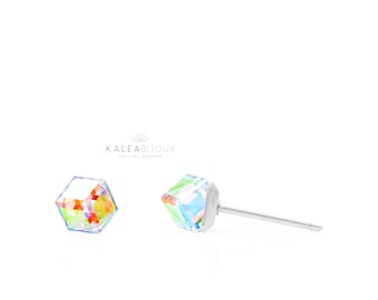 4mm Iridescent Crystal Stud Earrings – Aurore Boreale Mini Cubic Cut, Hypoallergenic Surgical Steel, Dainty Unicorn Sparkle Gift