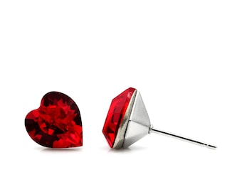 8mm Red Swarovski Crystal Heart Earrings | Mini Heart Studs | January Birthstone Crystal Stud | Hypoallergenic Earrings | Red Heart Earrings
