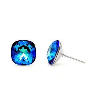 10mm Iridescent Swarovski Studs | Cushion Cut Earrings | Iridescent Blue Crystal Earrings | Hypoallergenic Studs | Swarovski Crystal Studs