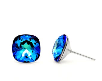 10mm Iridescent Swarovski Studs | Cushion Cut Earrings | Iridescent Blue Crystal Earrings | Hypoallergenic Studs | Swarovski Crystal Studs