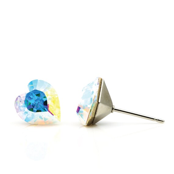 8mm Iridescent Swarovski Crystal Heart Earrings Mini Heart Etsy