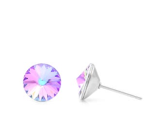 Pendientes de botón de cristal Swarovski iridiscente de 8 mm, redondos que cambian de color, delicados pendientes hipoalergénicos, regalo de joyería minimalista con arcoíris.
