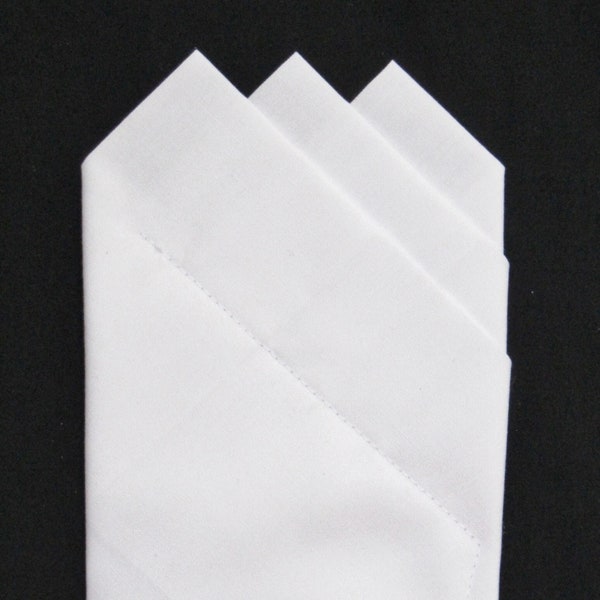 POCKET SQUARE white 3 point -Custom pre-folded & Sewn - just slips in pocket