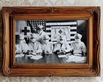 1918 Spanish Flu Red Cross Photograph | Nurses in White Uniforms Sewing Face Masks in Front of an American Flag | Digital Download