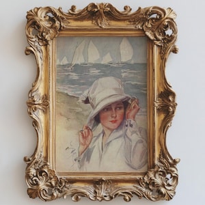 Postal de Harrison Fisher de 1915 / Mujer elegante con sombrero cloche en la playa / Descarga digital
