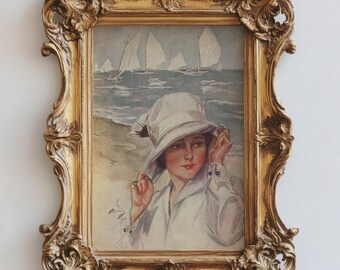 1915 Harrison Fisher Postcard | Fashionable Woman Wearing a Cloche Hat on the Beach | Digital Download