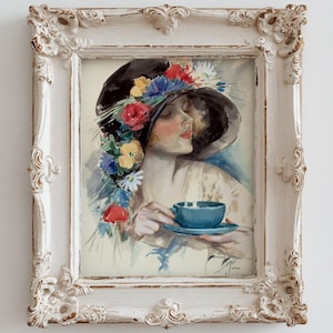1925 Harrison Fisher Print | Glamorous Woman Wearing a Hat of Flowers and Having Tea | Digital Download
