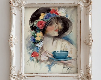 1925 Harrison Fisher Print | Glamorous Woman Wearing a Hat of Flowers and Having Tea | Digital Download