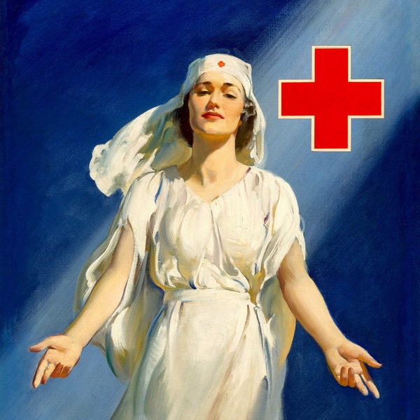 1940s WWII Red Cross Poster | White Cross Nurse | Artist Signed Haddon Sundblom | Digital Download