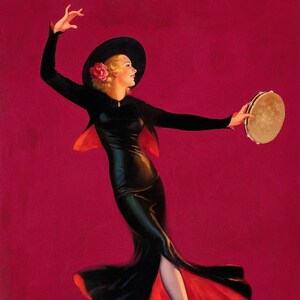 1937 Print | Dancing Woman in Black Dress Playing the Tambourine | Artist Signed Edward Eggleston | Digital Download