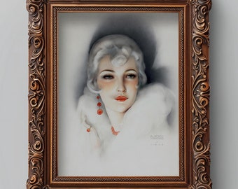 1928 Print | Glamorous Woman Wearing White Mink and Vibrant Red Jewelry | Artist Signed Alberto Vargas | Digital Download