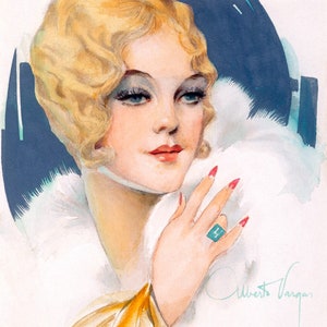May include: A watercolor painting of a woman with blonde hair wearing a white fur collar and a ring with a turquoise stone. The woman is looking at the viewer with a soft smile. The painting is signed "Alberto Vargas" in the bottom right corner.