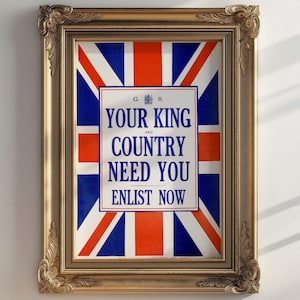 Manifesto di reclutamento britannico della prima guerra mondiale del 1914 / Il tuo re e il tuo paese hanno bisogno di te - Arruolati ora / Download digitale
